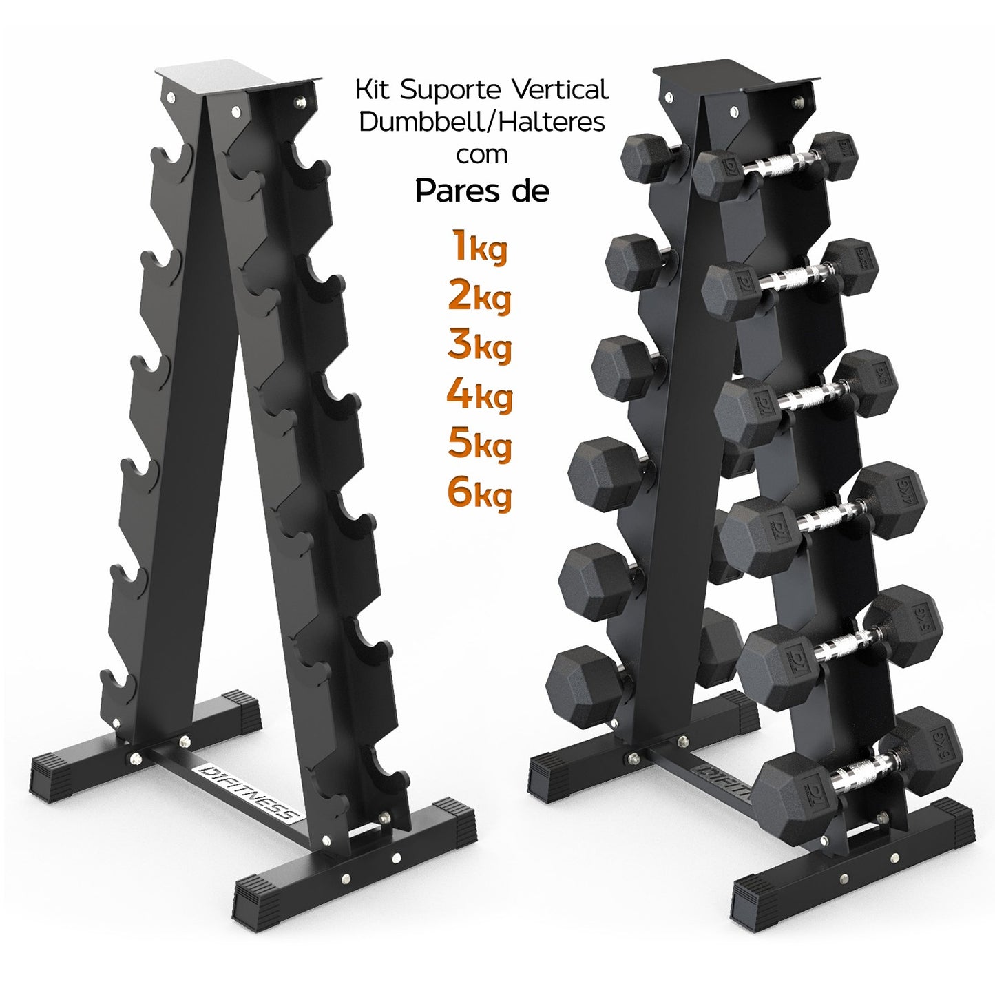 Kit Halteres Sextavado Pares 1kg a 6kg C/ Suporte Vertical