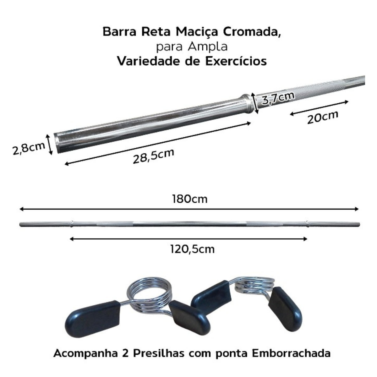 Kit Barra Reta Maciça Cromada 1,80m + Barra Reta Maciça Cromada 1,20m