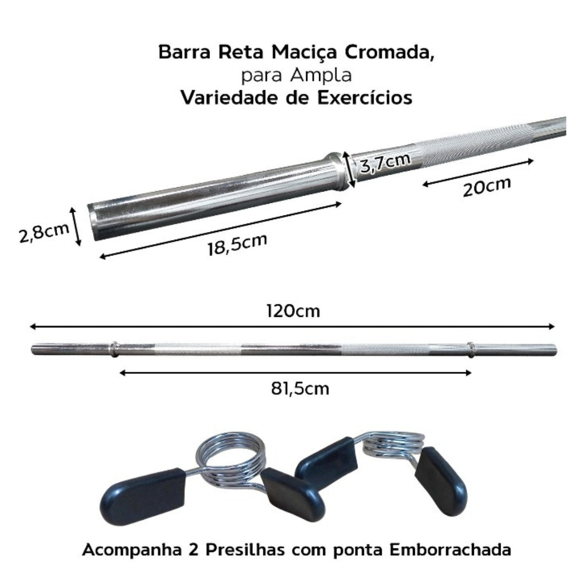 Kit Barra Reta Maciça Cromada 1,80m + Barra Reta Maciça Cromada 1,20m