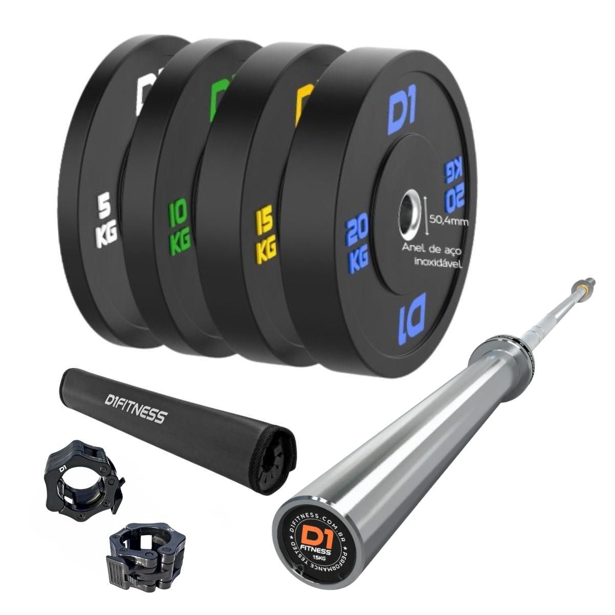 Kit Anilhas 100kg + Barra 15kg + Presilhas + Protetor de Barras
