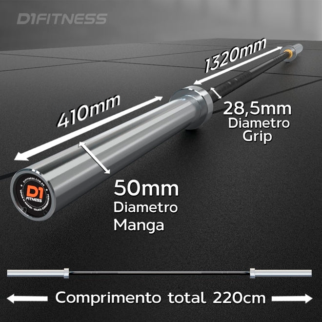 Barra Olímpica Masculina 220cm-20kg-28,5mm Ø - Hard Chrome/Black Zinc - C/ Trat. Térmico - Suporta 890kg