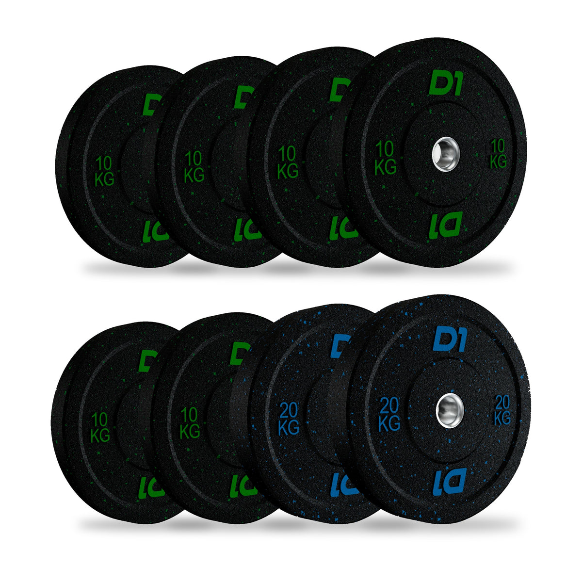 Kit anilhas bumper Hi Temp D1Fitness 100 kg: 6 anilhas de 10 kg e 2 anilhas de 20 kg