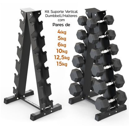 Kit Halteres Sextavado Pares 4/5/6/10/12,5/15kg (105kg) Com Suporte Vertical