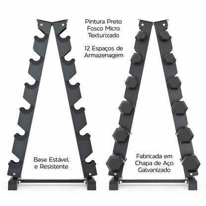 Kit Halteres Sextavado Pares 4/5/6/10/12,5/15kg (105kg) Com Suporte Vertical