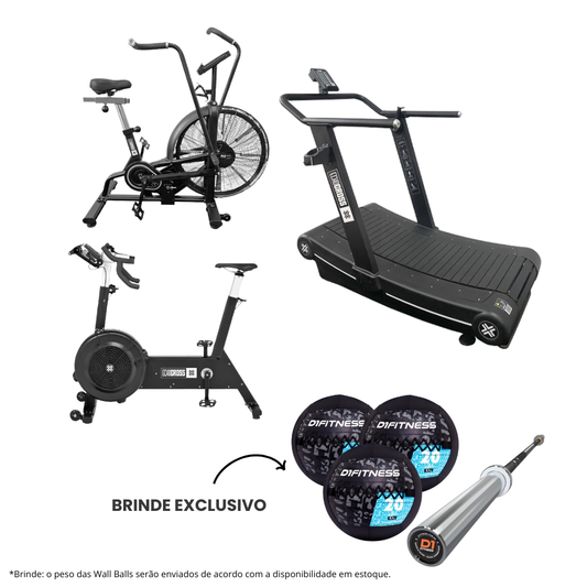 Combo Strong 4: Esteira + Air Bike + Bike Erg + Brindes (1un Barra + 3un Wall Ball 3.0)