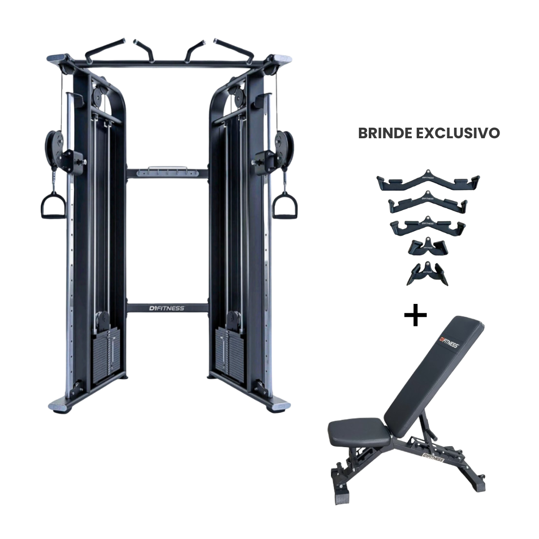 Combo Training 1: Cross Over Angular + Brindes (1 Banco + 1 Kit Puxadores)