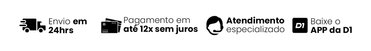 Envio em 24 horas, pagamento em até 12x sem juros, atendimento especializado e app da D1 Fitness