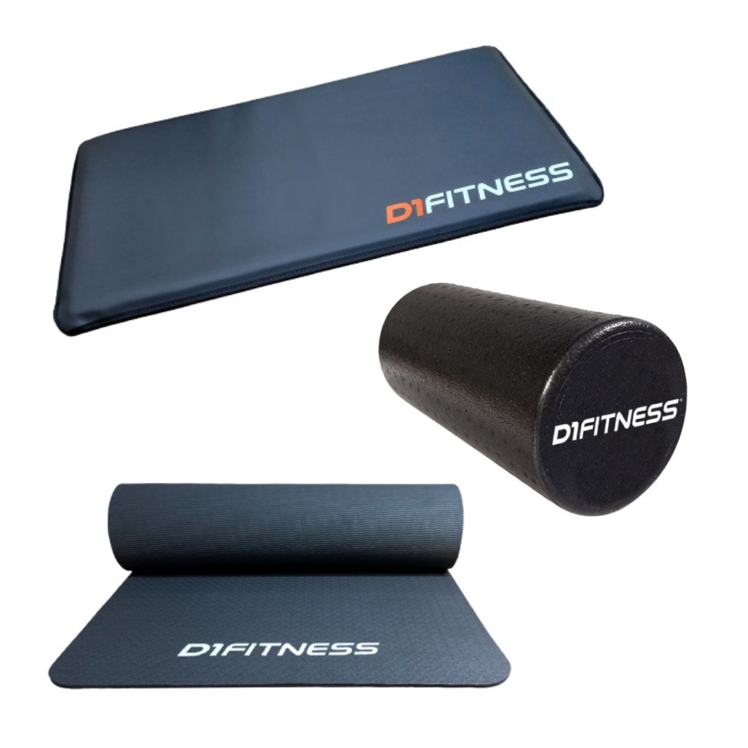 Kit Colchonete Emborrachado + Tapete Yoga + Foam Roller 30cm - D1Fitness