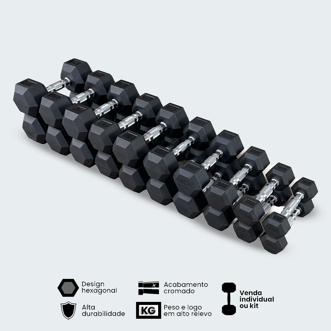 Kit Halteres Sextavado Emborrachado pares 1 a 10 kg