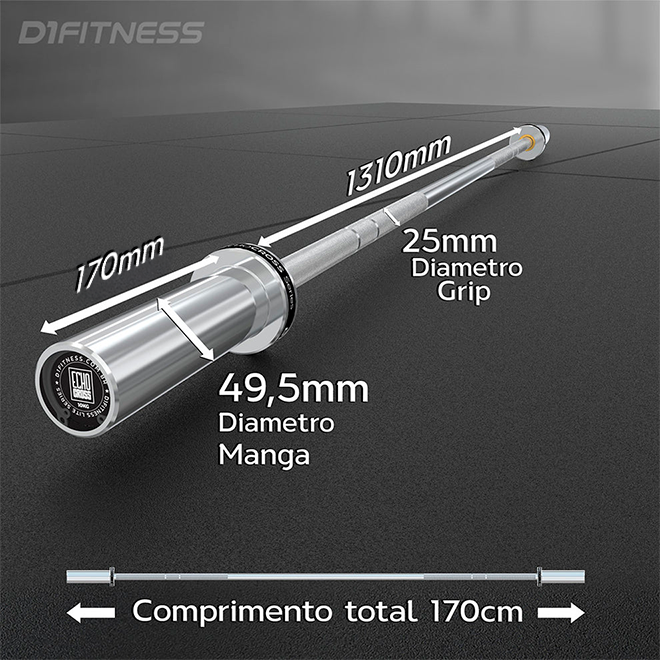 Barra Olímpica 1,70m Júnior Técnica Cromada 10kg - C/ Rolamento – D1Fitness