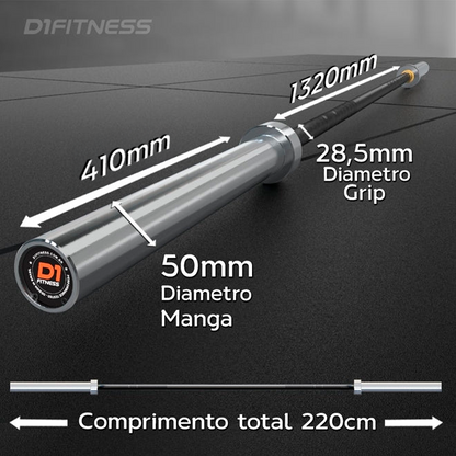Barra Olímpica Masculina 220cm-20kg-28,5mm Ø - Hard Chrome/Black Zinc - C/ Trat. Térmico - Suporta 890kg