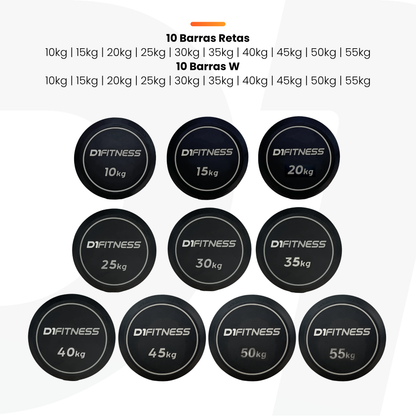 Kit barra montada elite 10 barras retas + 10 barras W. - D1Fitness