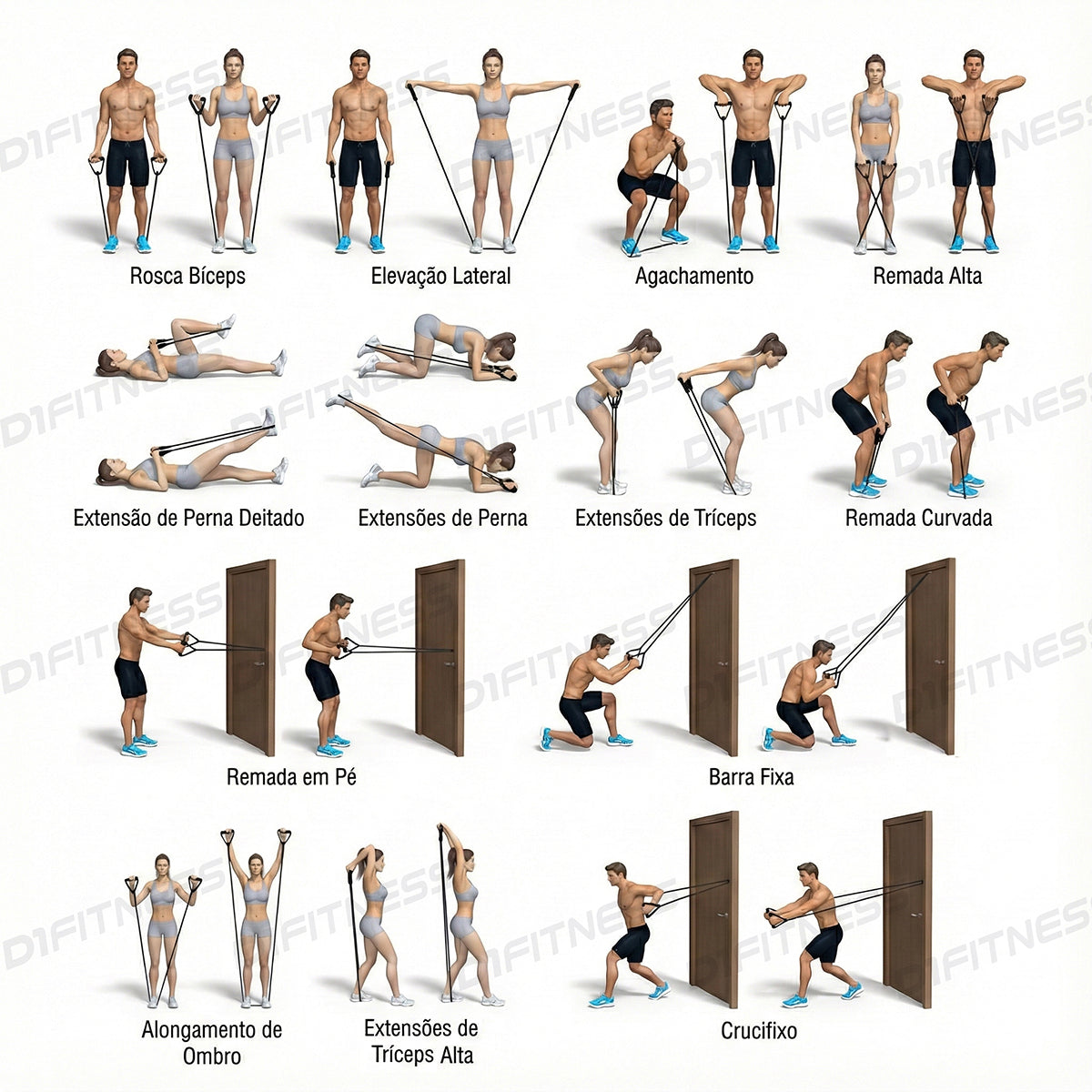 Kit Elásticos Extensores com Acessórios - D1Fitness