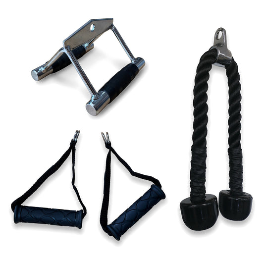 Kit de puxadores D1Fitness: puxador triângulo, par de puxadores multiuso e puxador corda para pulley