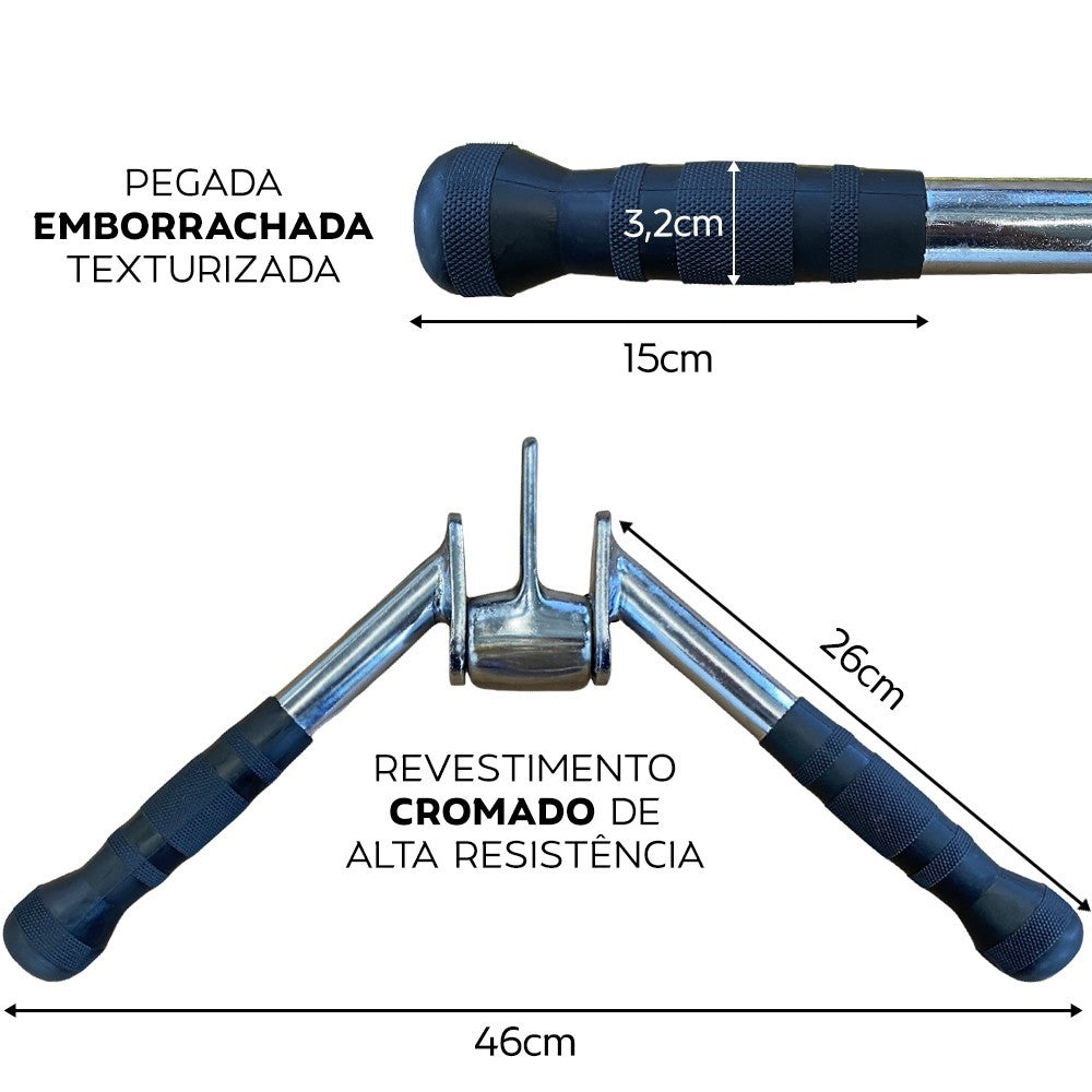 Par Puxadores Tríceps Pulley V Articulado + Puxador V Cromado Emborrachado